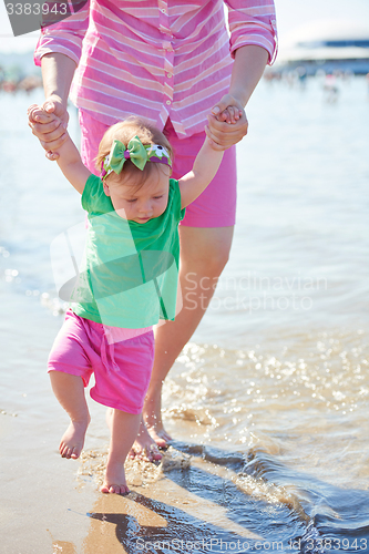 Image of mom and baby on beach  have fun