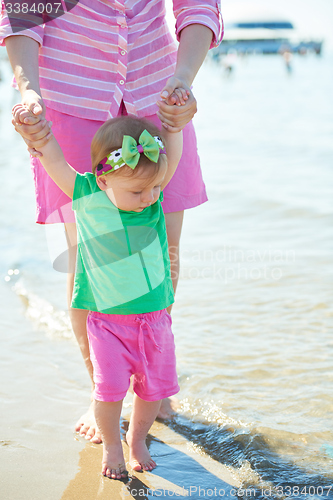 Image of mom and baby on beach  have fun