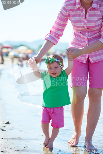 Image of mom and baby on beach  have fun