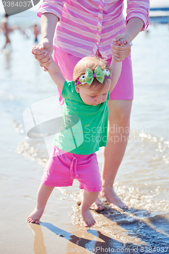 Image of mom and baby on beach  have fun