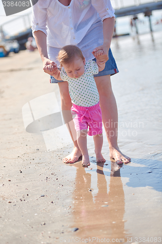 Image of mom and baby on beach  have fun