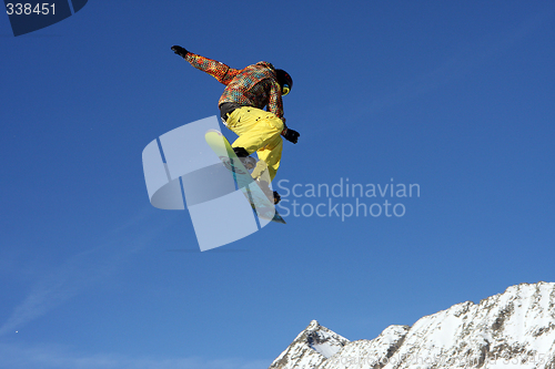 Image of Snowboarder jumping high in the air