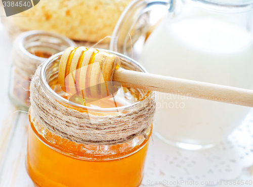 Image of honey,bread and milk