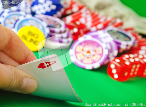 Image of Card for poker in the hand, chips and card for poker