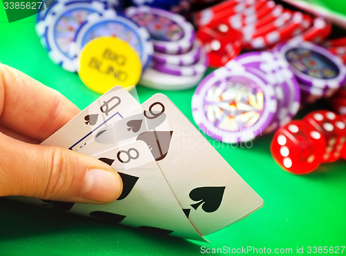 Image of Card for poker in the hand, chips and card for poker