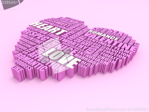 Image of 3d group of words shaping a heart on pink background