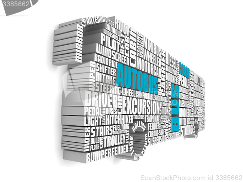 Image of 3d group of blue white words shaping a passenger bus