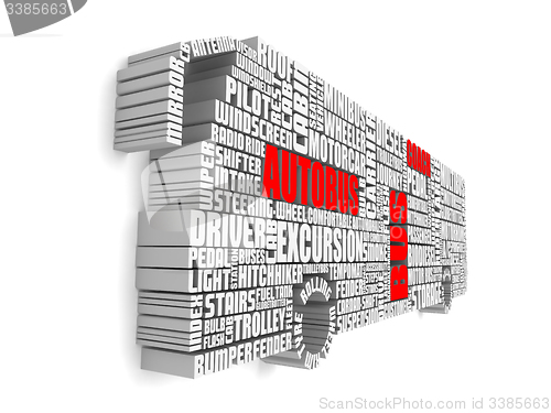 Image of 3d group of red white words shaping a passenger bus