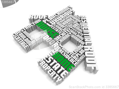Image of 3d group of  green white words shaping a house