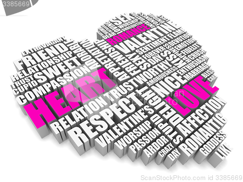 Image of 3d group of words shaping a heart with pink white text