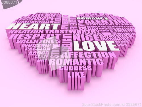 Image of 3d group of words shaping a heart with pink background aerial vi