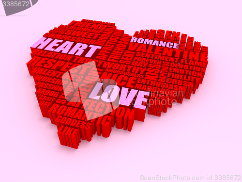 Image of 3d group of words shaping a heart with pink red text