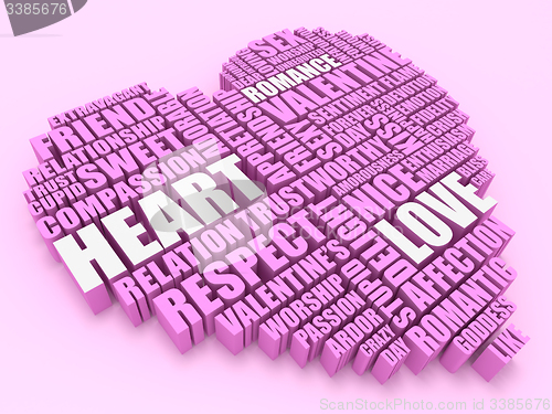 Image of 3d group of words shaping a heart with pink background