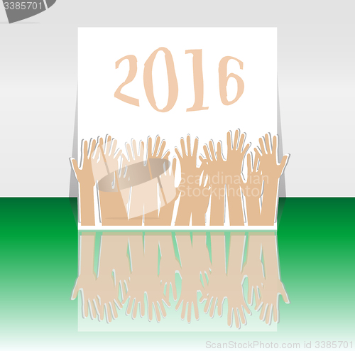 Image of 2016 and people hands set symbol. The inscription 2016 in oriental style on abstract background