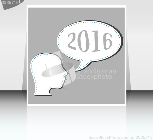 Image of Smiling business woman head with speech bubble,  2016 new year card