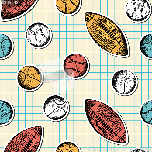 Image of Seamless pattern with hand drawn different sport balls