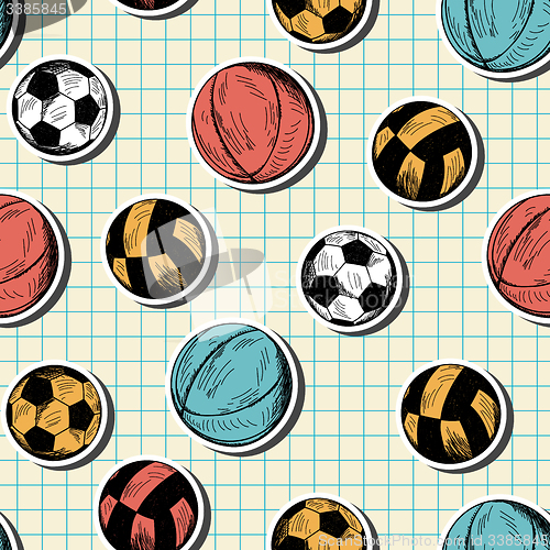 Image of Seamless pattern with hand drawn different sport balls
