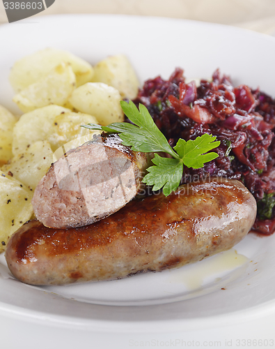 Image of Bratwurst with Cabbage and Potatoes