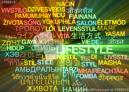 Image of Lifestyle multilanguage wordcloud background concept glowing