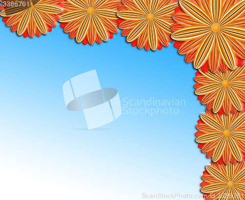 Image of frame from brown flowers on blue background