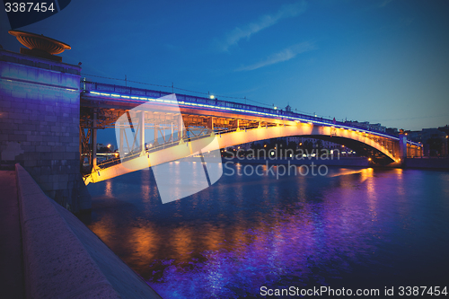 Image of Night urban landscape with old Smolensky Metro Bridge in Moscow