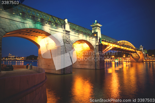 Image of night landscape with covered bridge Andreevsky, Moscow, Russia