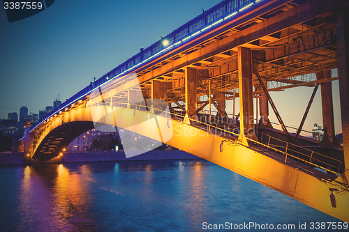 Image of Night urban landscape with old Smolensky Metro Bridge in Moscow