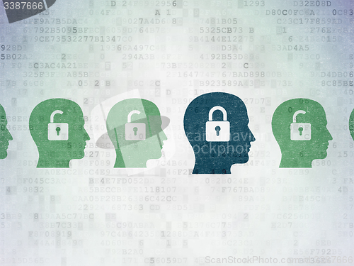 Image of Security concept: head with padlock icon on Digital Paper background