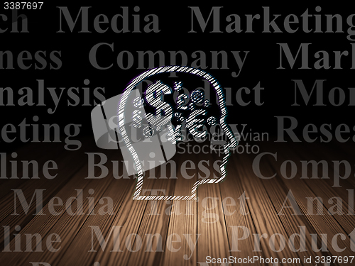 Image of Advertising concept: Head With Finance Symbol in grunge dark room