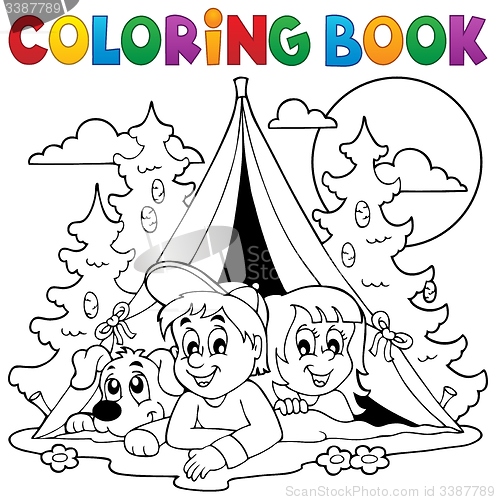 Image of Coloring book kids camping in forest
