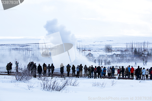 Image of Visitors at the geyser erruption of Strokkur, Iceland