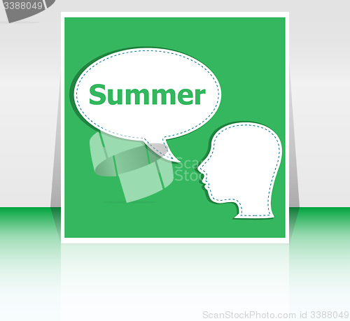 Image of people think about summer, man and speech bubbles, summer holiday card