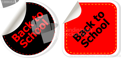 Image of Back to school text on label tag stickers set isolated on white, education concept