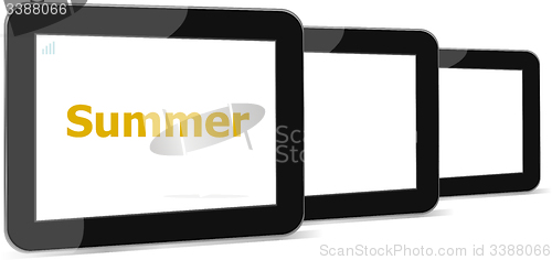 Image of summer word on tablet pc screen, holiday concept
