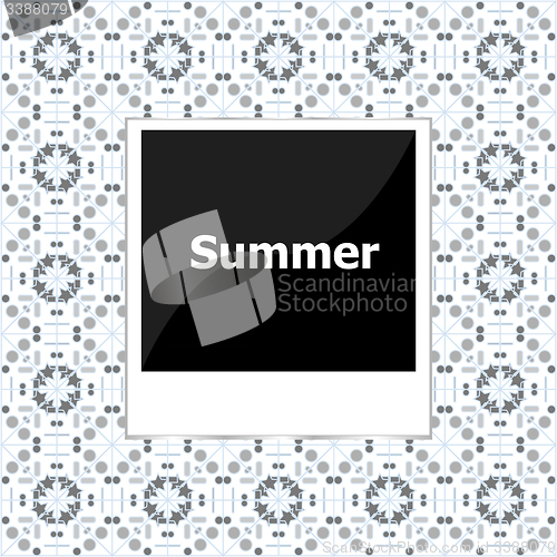 Image of summer background, summer words on empty photo frame, summer holiday