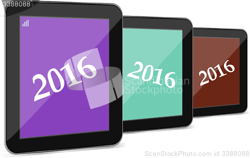Image of set of tablet pc or smart phone icon isolated on white with a 2016 sign
