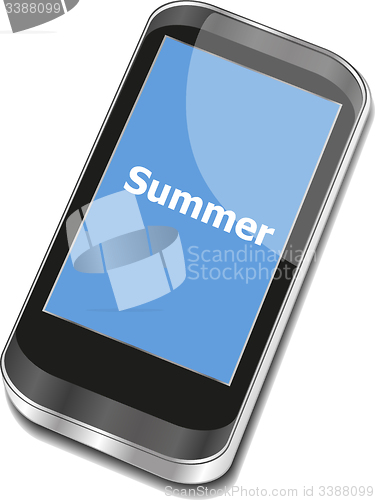 Image of summer word on smart phone screen, holiday concept