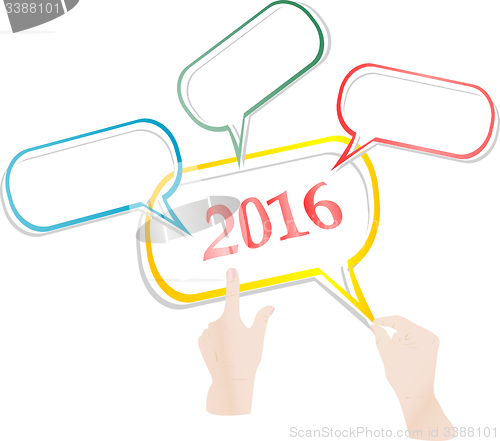 Image of hand with abstract speech bubbles set on white Christmas background, 2016 new year concept