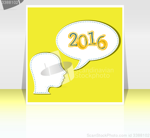 Image of Smiling business woman head with speech bubble,  2016 new year card