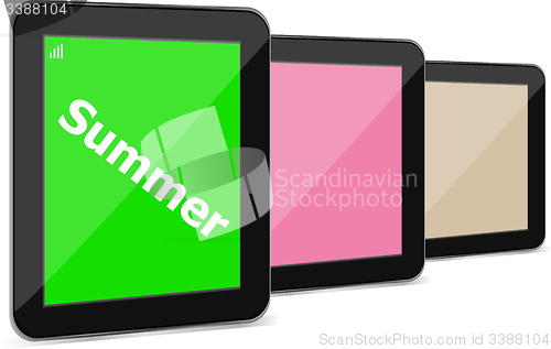 Image of summer word on tablet pc screen, holiday concept