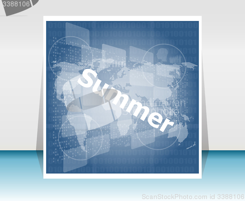 Image of abstract digital touch screen with summer word, abstract background