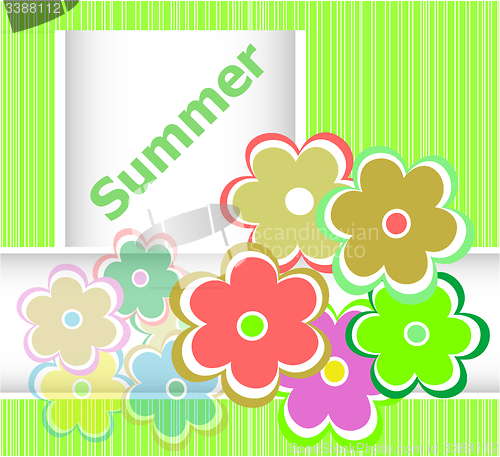 Image of Summer theme with floral over bright multicolored background, summer flowers, holiday card