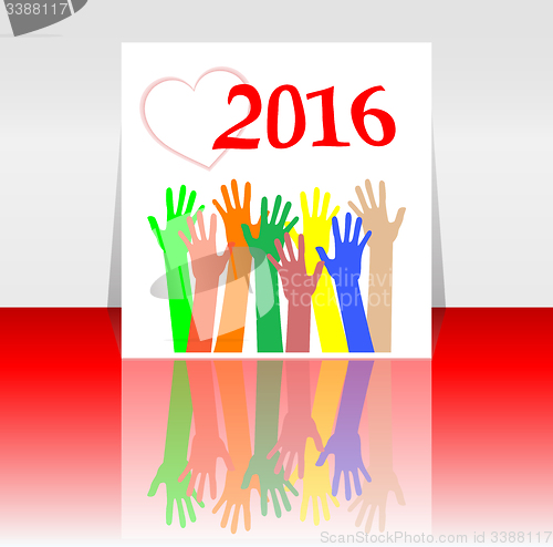 Image of 2016 and people hands set symbol. The inscription 2016 in oriental style on abstract background