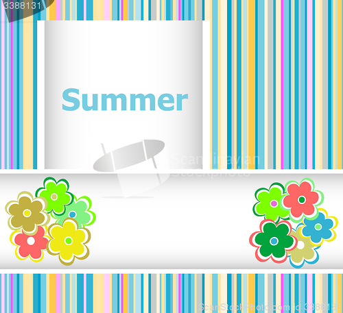 Image of Summer theme with floral over bright multicolored background, summer flowers, holiday card