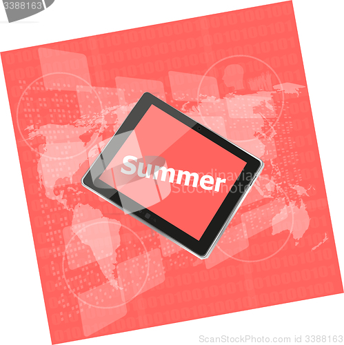 Image of summer word on tablet pc screen, digital touch screen, holiday concept, summer card