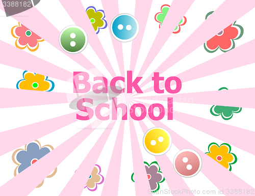 Image of Back to school invitation card with abstract sun rays and flowers, education concept