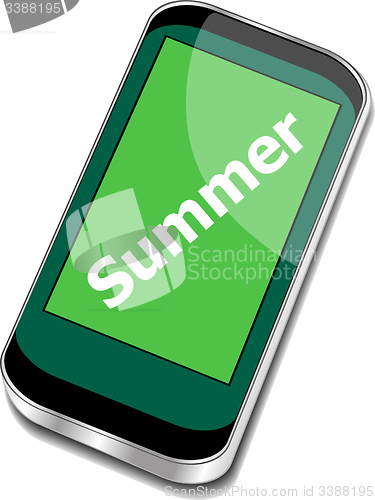 Image of summer word on smart phone screen, holiday concept