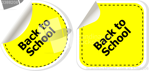 Image of Back to school text on label tag stickers set isolated on white, education concept