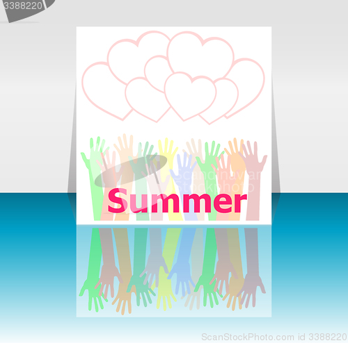 Image of word summer and people hands, love hearts, holiday concept, icon design
