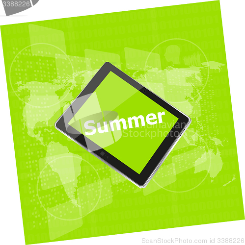 Image of summer word on tablet pc screen, digital touch screen, holiday concept, summer card
